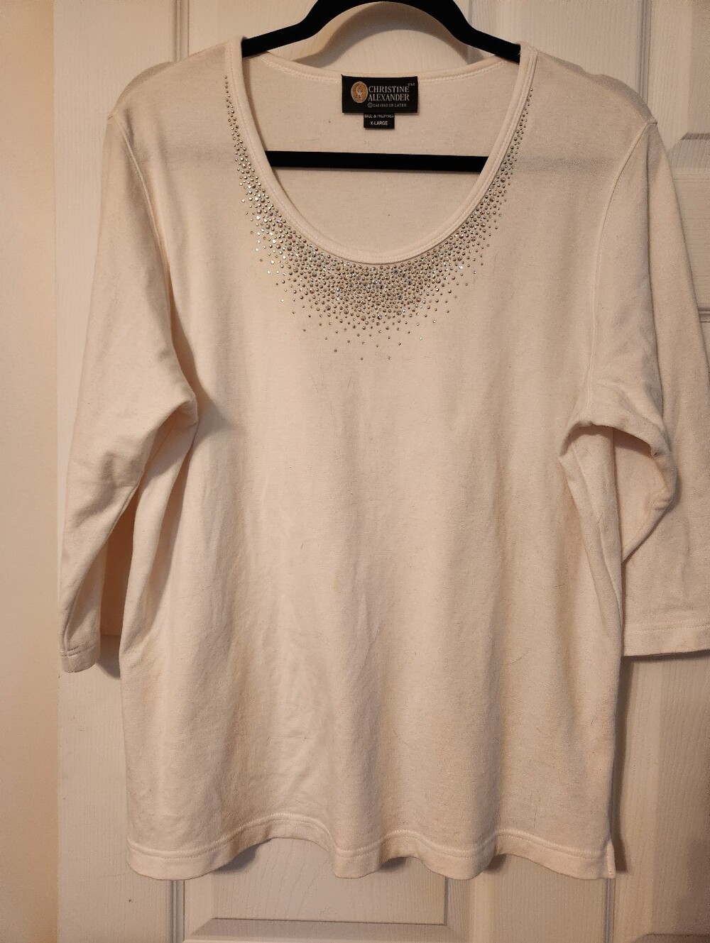 Christine Alexander White Scoop Neck Top with Rhinestone Detail, szXL